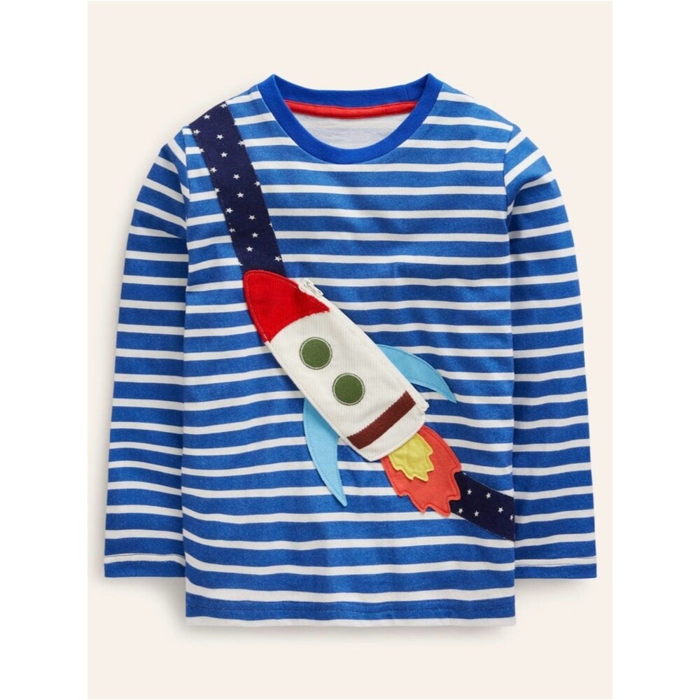 Mini Boden Novelty Bag T-Shirt Delft Ivory Stripe Long-Sleeve Top Size 11-12 yrs